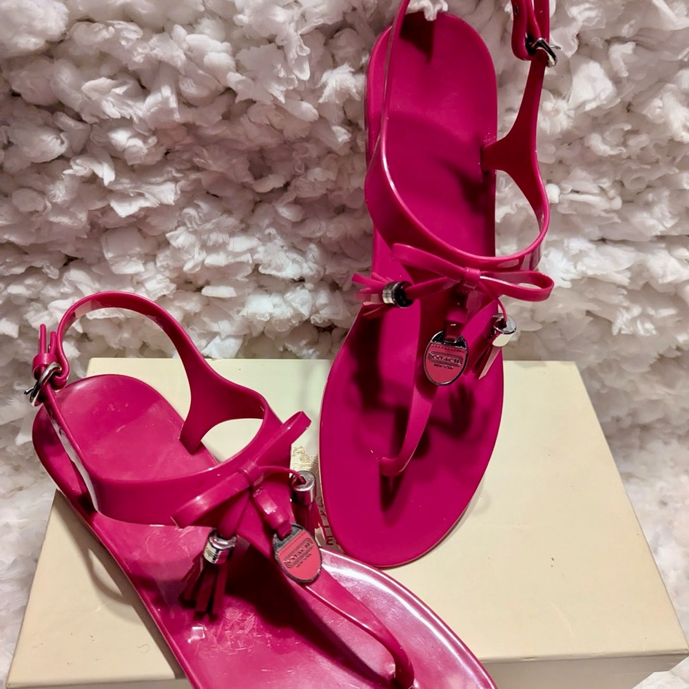 Coach Pink T-Strap Jelly Fuchsia Pink  Sandals with Metallic Accents - Picture 9 of 12